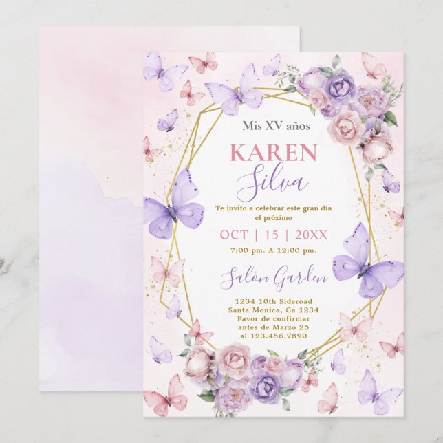 Rosa och Lila Butterfly Quinceañera-inbjudan Inbjudningar (Fram/baksida)