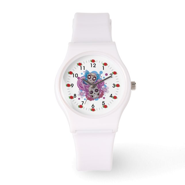 Rosa- och Lila Circles Sugar Skull Butterflies Armbandsur (Framsida)