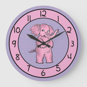 Rosa och Lila Elephant Clock för barn Stor Klocka