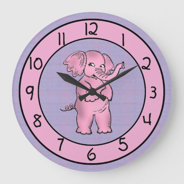 Rosa och Lila Elephant Clock för barn Stor Klocka (Framsida)