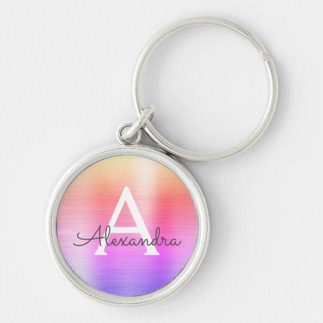 Rosa och lila falskt rostfritt stålmonogram rund silverfärgad nyckelring (Framsidan)