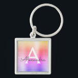 Rosa och Lila Faux Stainless Steel Monogram Fyrkantig Silverfärgad Nyckelring<br><div class="desc">Pastel Rosa,  Orange och Lila Ombre Faux Stainless Steel Metallic Elegant Keychain. Dessa nyckelkedjor kan anpassas så att de omfattar ditt första och första namn. Dessa nyckelringar gör underbar födelsedag,  möhippa eller bachelorette-parti till fördel.</div>