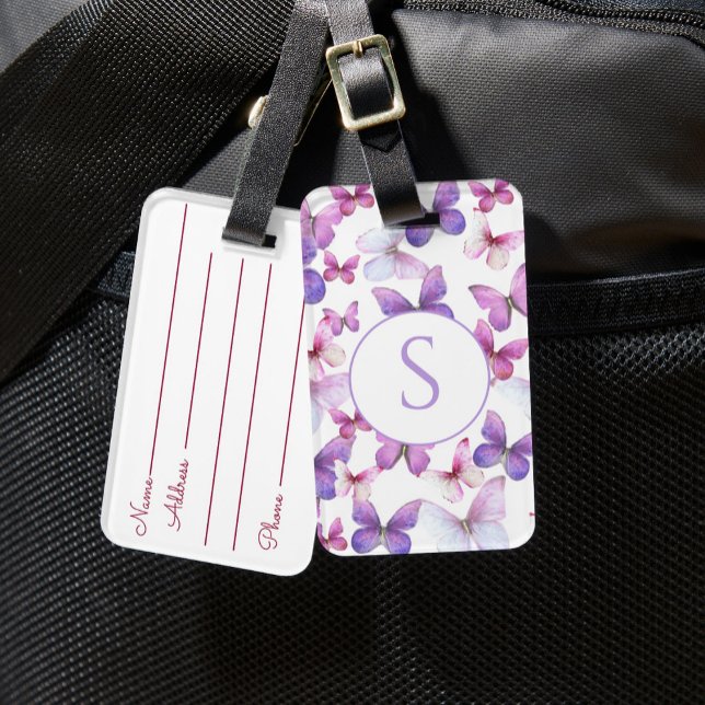Rosa och lila fjärilar Anpassad monogram Bagagebricka (Skapare uppladdad)