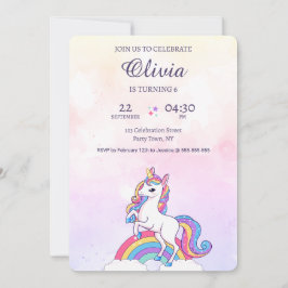 Rosa och Lila för vattenfärgning Unicorn Birthday Inbjudningar