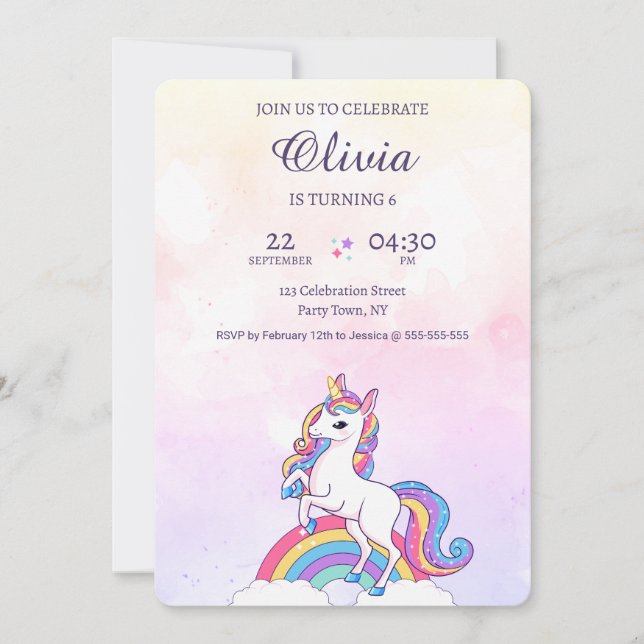 Rosa och Lila för vattenfärgning Unicorn Birthday Inbjudningar (Framsida)