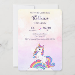 Rosa och Lila för vattenfärgning Unicorn Birthday Inbjudningar