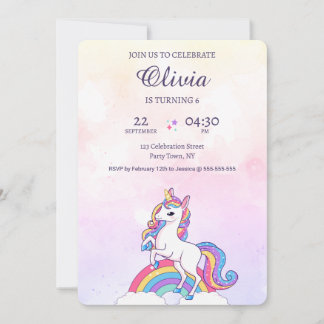 Rosa och Lila för vattenfärgning Unicorn Birthday Inbjudningar