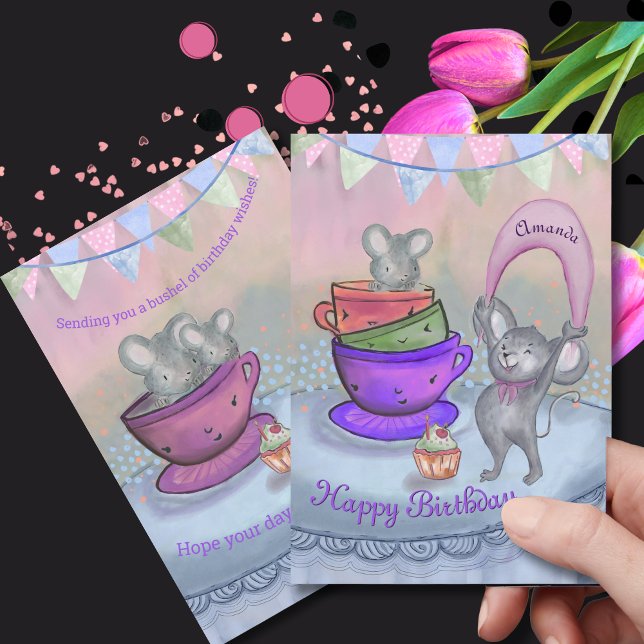 Rosa och Lila Funny Coola Möss Anpassningsbar Birt Julkort (Pink & Purple Funny Cool Mice Custom Birthday Card)