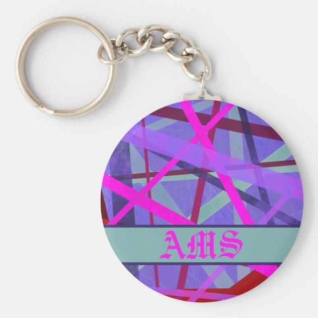 Rosa och Lila Geometric Linjer Mönster Monogram Nyckelring (Framsidan)