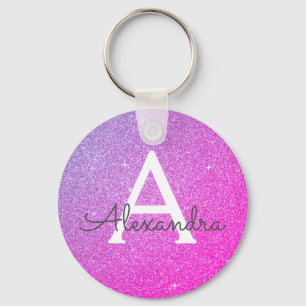 Rosa och lila glitter & gnistrande monogrampresent nyckelring