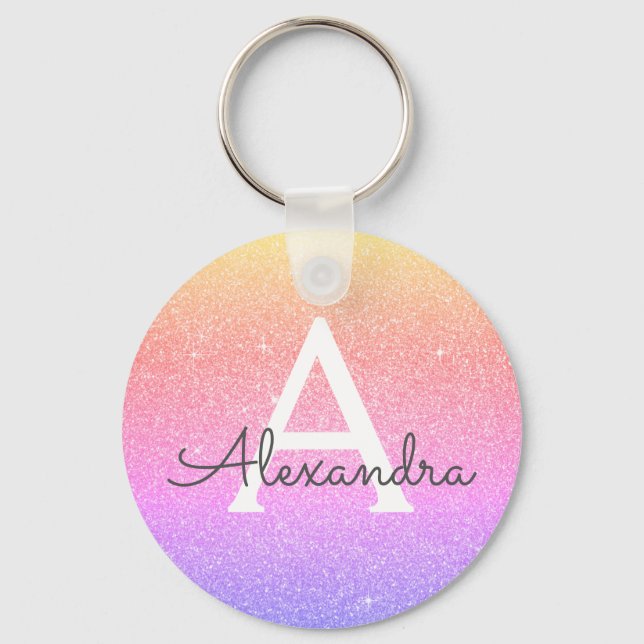 Rosa och lila glitter & gnistrande monogrampresent nyckelring (Framsida)