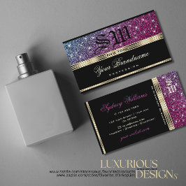 Rosa och Lila Glitter Monogram Guld Black Visitkort