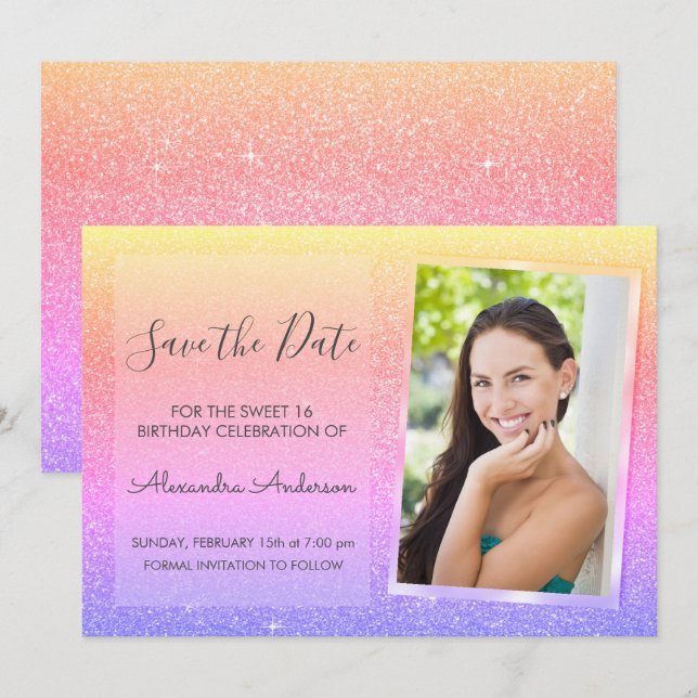 Rosa och Lila Glitter Sweet 16 Spara datum Inbjudningar (Fram/baksida)