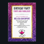 Rosa och Lila Gnistra Glitter 40:e födelsedag Part Inbjudningar<br><div class="desc">Fyrtio och fantastiska födelsedagsfest inbjudan. Bakgrunden som består av rosa och lila mousserande bergstenar i glitter. Trendig och feminin vibe. En rektangel med faux-guld-foil gräns överst med texten inuti. 2 vin-glas hand plockade med shock rosa inuti.</div>