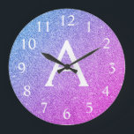 Rosa och Lila Gnistra Glitter Monogram Namn Stor Klocka<br><div class="desc">Rosa och Lila Gnistra Glitter Monogram Namn och första servarurlockning. Wall Clock ger perfekten till någon som kärlek silver gnistra glitter.</div>