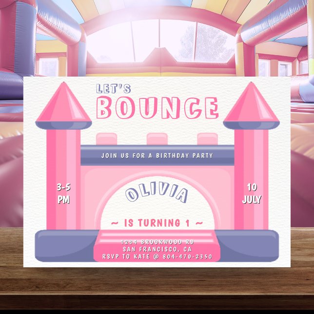 Rosa och Lila i Flick kalas Inbjudningar (Bounce House Birthday Party Pink & Purple Invitation
)