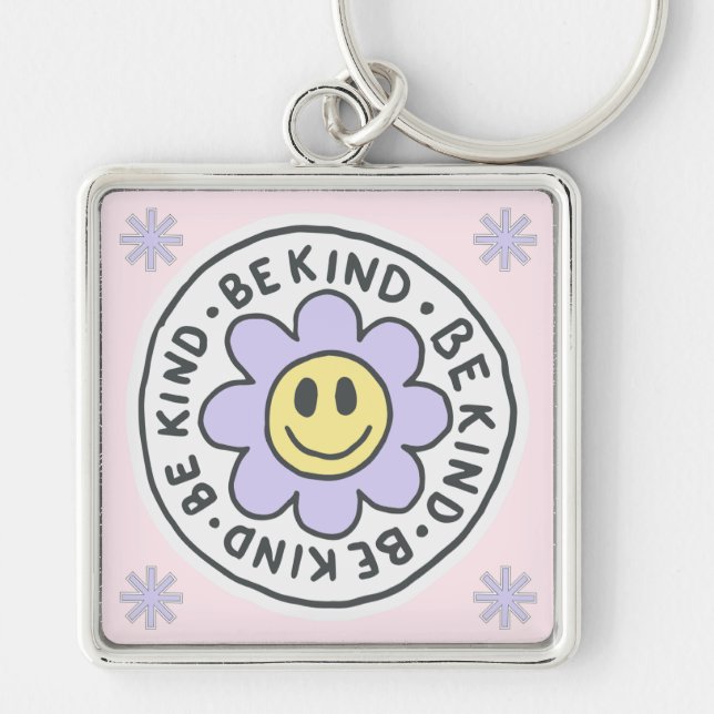 Rosa och Lila Illustrativ motivation Fyrkantig Silverfärgad Nyckelring (Framsidan)