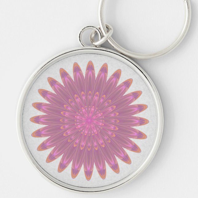 Rosa och Lila Kaleidoscope Flower Rund Silverfärgad Nyckelring (Framsidan)