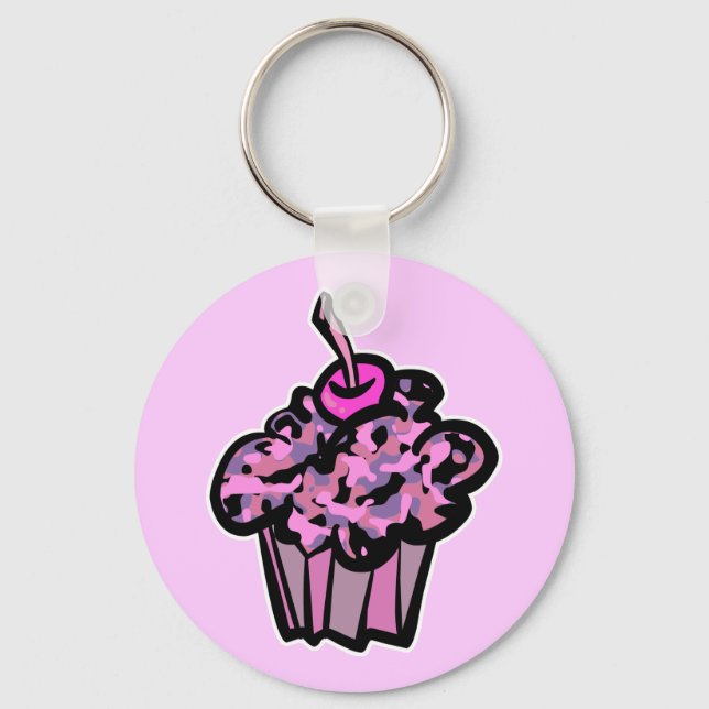 rosa och lila kamouflage cupcake nyckelring (Framsida)