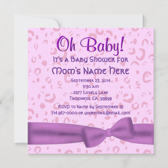 Rosa och Lila Leopard Faux Bow Flicka Shower Inbjudningar (Framsida)