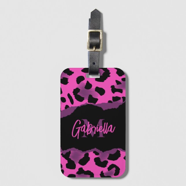 Rosa och Lila Leopard Skriv ut Bagagebricka (Framsida vertikal)