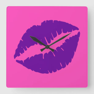 Rosa och Lila Lipstick Kiss Fyrkantig Klocka
