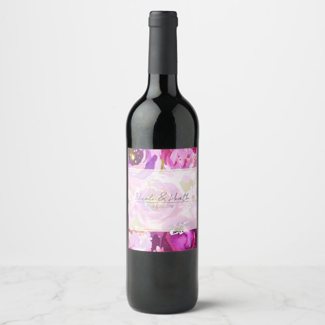 Rosa och lila livfulla blommiga bröllop vinflaska etikett (Framsida)