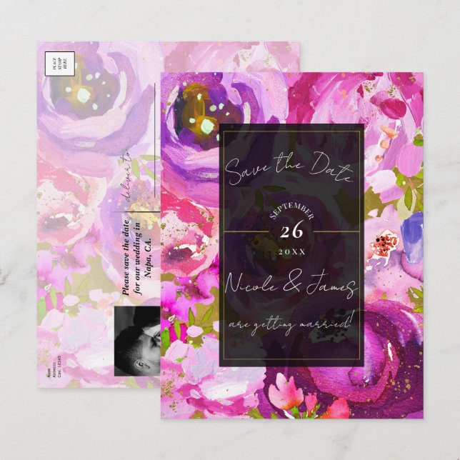 Rosa och lila livfulla blommor - Spara datum Meddelande Vykort (Fram/baksida)