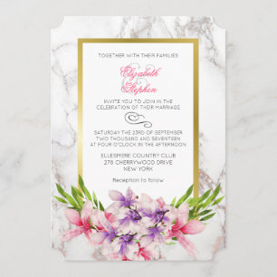 Rosa och Lila Magnolias på en Marble Back Bröllop Inbjudningar