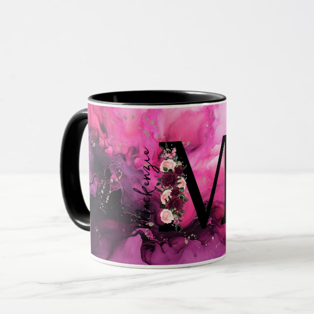Rosa och Lila Marble Monogram Brev M Mugg (Framsida vänster)
