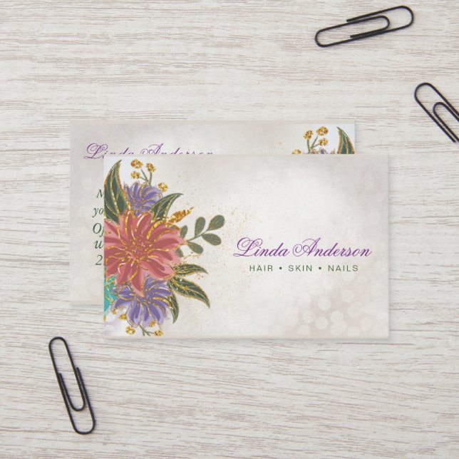  Rosa och Lila med Guld vattenfärgsBlommigt Visitkort (Fram/Back In Situ)