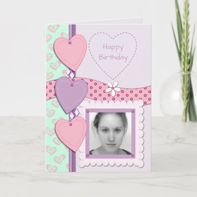 Rosa och lila med hjärta och foto kort (Framsida)
