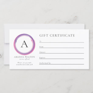 Rosa och lila monogram presentcertifikat för föret
