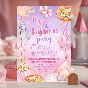 Rosa och Lila Neon Pizza och Pajamas Birthday Inbjudningar