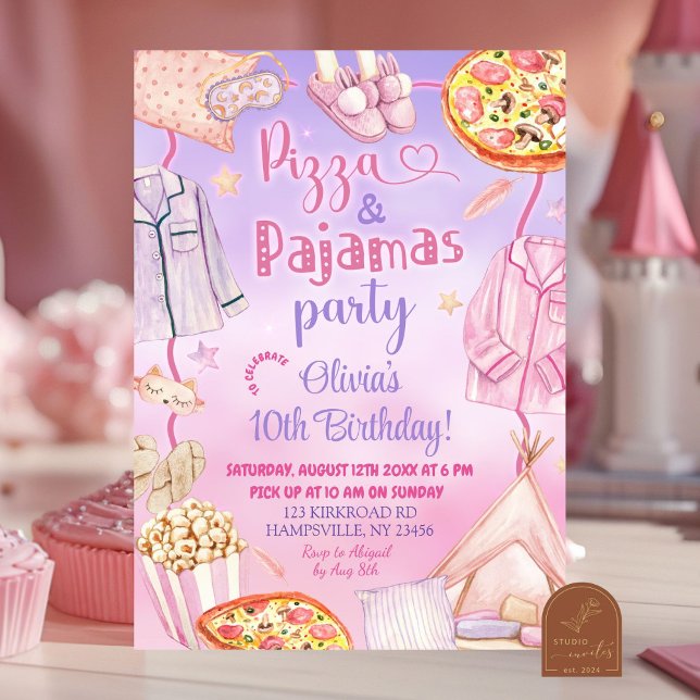 Rosa och Lila Neon Pizza och Pajamas Birthday Inbjudningar (Skapare uppladdad)