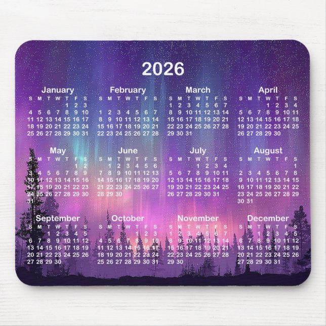Rosa och lila norrsken 2026 kalender musmatta (Framsidan)
