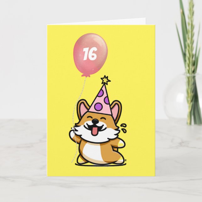 Rosa och Lila Party Hat Corgi 16:e födelsedagen Kort (Framsida)