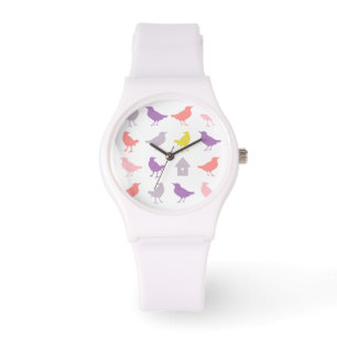 Rosa och Lila Pastel Birds med Birdhouse Armbandsur