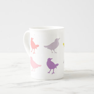 Rosa och Lila Pastel Birds med Birdhouse Benporslin Mugg