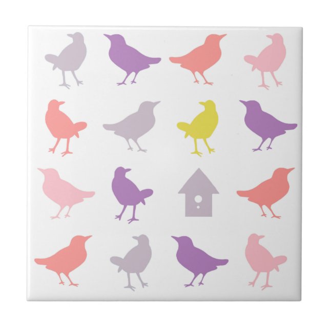 Rosa och Lila Pastel Birds med Birdhouse Kakelplatta (Framsidan)