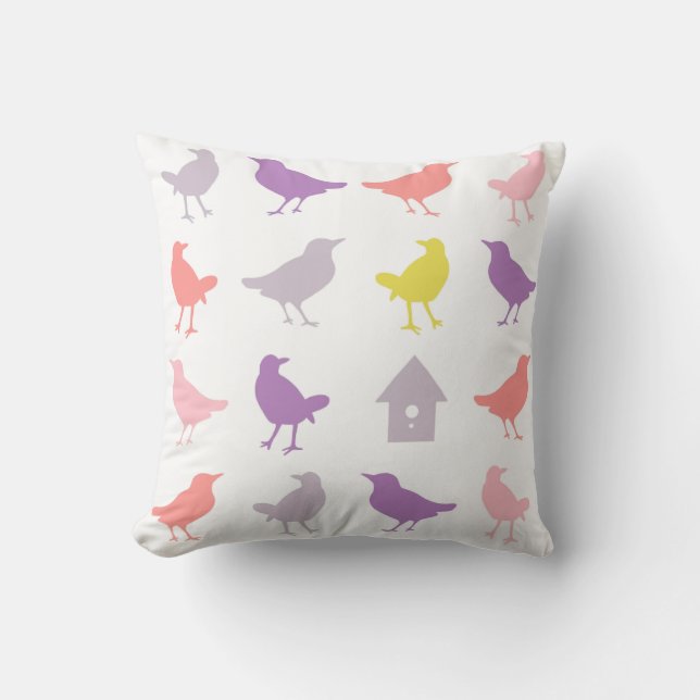 Rosa och Lila Pastel Birds med Birdhouse Kudde (Framsida)