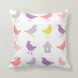 Rosa och Lila Pastel Birds med Birdhouse Kudde