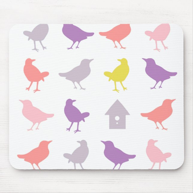 Rosa och Lila Pastel Birds med Birdhouse Musmatta (Framsidan)