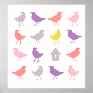Rosa och Lila Pastel Birds med Birdhouse Poster