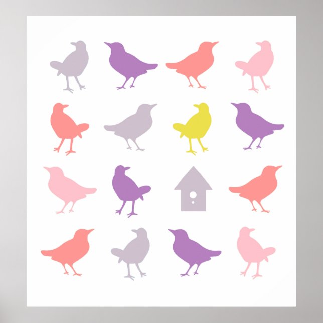 Rosa och Lila Pastel Birds med Birdhouse Poster (Framsidan)