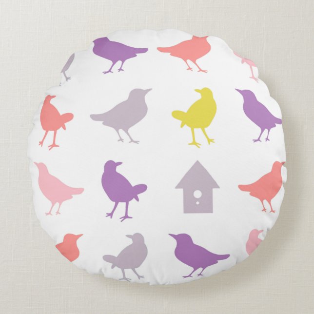Rosa och Lila Pastel Birds med Birdhouse Rund Kudde (Framsidan)
