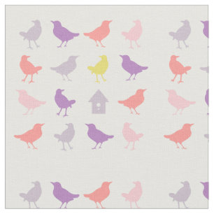 Rosa och Lila Pastel Birds med Birdhouse Tyg