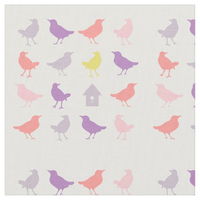 Rosa och Lila Pastel Birds med Birdhouse Tyg (Närbild)