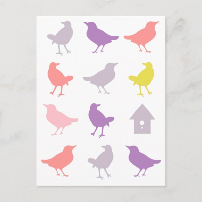 Rosa och Lila Pastel Birds med Birdhouse Vykort (Framsida)