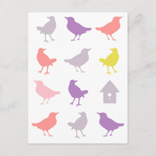 Rosa och Lila Pastel Birds med Birdhouse Vykort